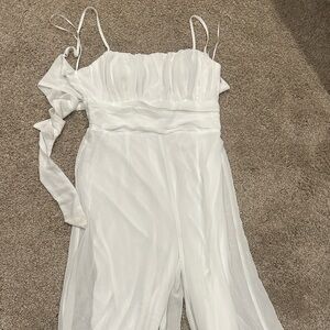 Fashion Nova White Pleated Spaghetti-Strap Jumpsuit with Side Sash